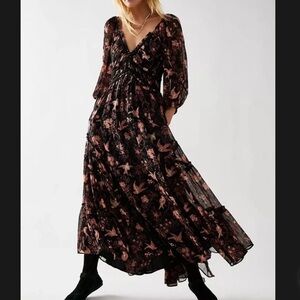 Free People You're A Jewel Maxi Dress Chiffon Black Rose Bird Print Floral Sz XS